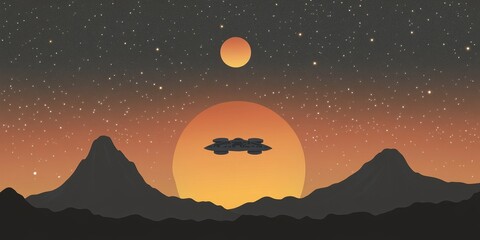 Wall Mural - a spacecraft travels across a star filled sky past planets and mountains
