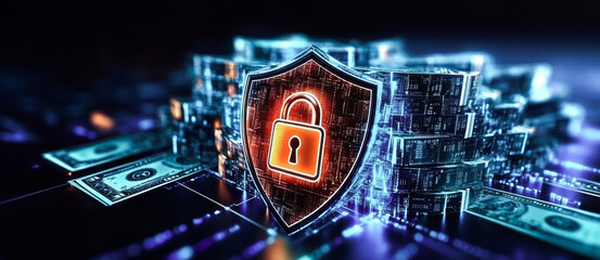 Fototapete - A digital representation of banking security features, highlighting a shield with a lock symbolically guarding stacks of money amidst a backdrop of technological elements.