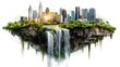 © Pannin - Eco-friendly city skyline with floating islands of greenery and waterfalls. Text space in the upper left corner.