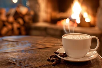 Fototapete - Enjoying a warm cup of coffee by a cozy fireplace for a perfect winter retreat Generative AI