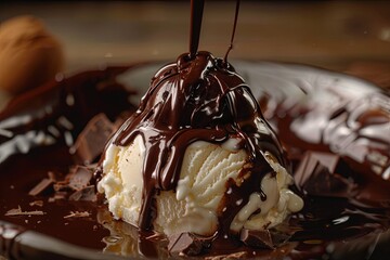 Aufkleber - Rich melted chocolate cascading over creamy ice cream garnished with dark chocolate pieces for a delightful dessert experience Generative AI