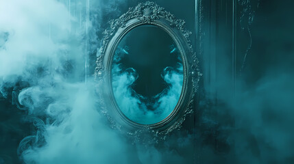 Wall Mural - Spooky halloween advertisement background with ornate mirror and mysterious teal smoke. Shadow Mirror. Illustration