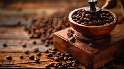 Poster - Exploring the aroma and richness of freshly ground coffee beans on a rustic wooden table Generative AI