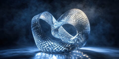 A blue abstract interwoven loop reflecting light in a dark space