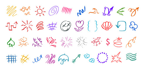 Wall Mural - hand drawn crayon chalk doodle, effect illustrations, design element vector set