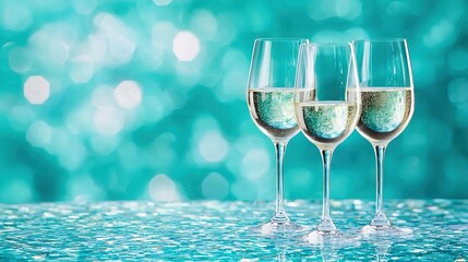   Three wine glasses sit on a table with a blue-green light display in the background