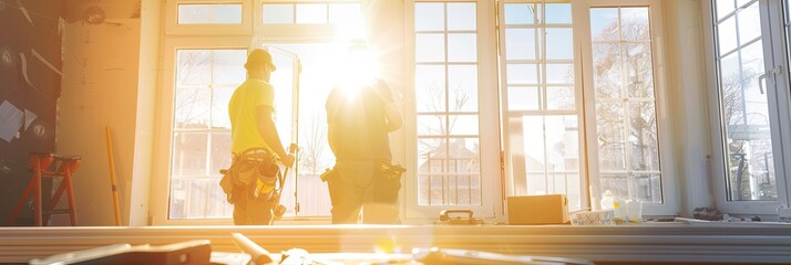 Aufkleber - Workers install a new window frame in a bright room with tools and materials spread around, showcasing old and new contrasts Generative AI