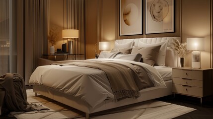 Poster - Stylish modern bedroom with cozy decor and warm lighting for a touch of luxury and relaxation Generative AI