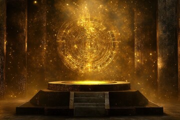 a golden celestial circle shines above a stone platform inside