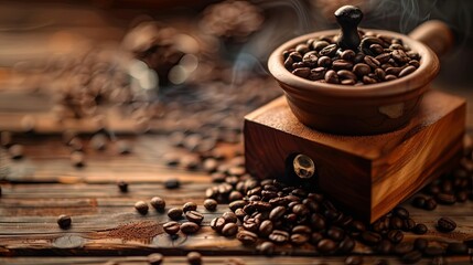 Poster - Freshly ground coffee beans and traditional grinders on a rustic wooden table showcasing the art of brewing Generative AI