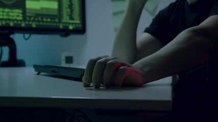 Close-up image of a man's hands working with gpt chat and typing a key. Fingers of a person tapping on the table while waiting. Programmer interacting with chat bot creating writing codes.