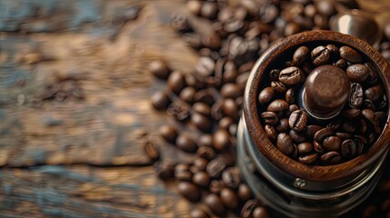 Fototapete - Coffee beans spilling from a vintage grinder on a rustic wooden table creating a perfect atmosphere for coffee lovers Generative AI