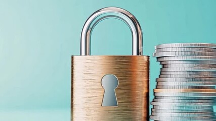 Fototapete - A padlock stands next to stacks of coins, symbolizing the importance of security in banking. This representation of safety highlights the value placed on privacy in financial transactions.