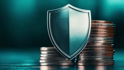 Fototapete - A sleek shield rests atop neatly stacked coins, symbolizing security in banking and the importance of privacy. The background features a calm blue hue that enhances the theme of protection.