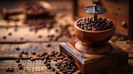 Fototapete - Freshly ground coffee beans in a wooden grinder on a rustic table ready for brewing a perfect cup of coffee Generative AI