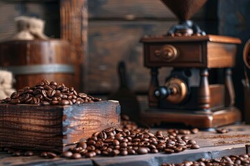 Poster - Discover rich aromas with freshly ground coffee beans and vintage grinders on a rustic wooden table in a cozy setting Generative AI