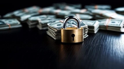 Fototapete - A brass padlock stands strong in front of a stack of cash, highlighting the importance of financial security and privacy in banking practices. Protect your assets from unauthorized access.