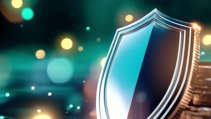 Fototapete - A stack of coins highlights the importance of security in banking. A shield icon symbolizes privacy and protection in financial transactions. The background glimmers with soft lights.