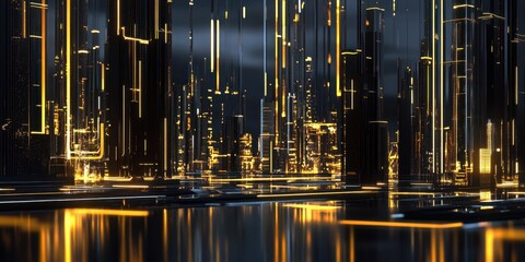Wall Mural - illuminated golden lines create a futuristic cityscape at night time