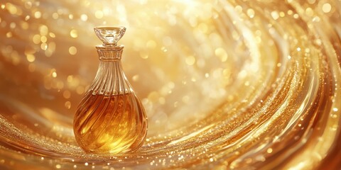 Canvas Print - A decorative glass bottle with a liquid inside on gold background