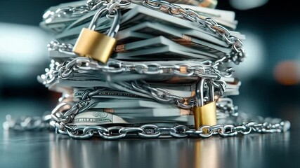Leinwandbilder - A stack of bundled cash secured with chains and locks highlights the importance of banking security and privacy.