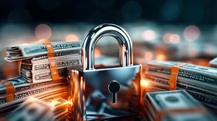 Leinwandbilder - A shiny padlock is prominently placed among large bundles of cash, symbolizing the importance of security in the banking sector. This setup emphasizes privacy and financial protection.