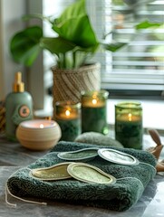 Poster - Luxurious spa setting featuring rejuvenating cosmetic masks and eye patches with soothing accessories in an elegant environment Generative AI