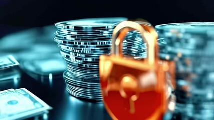 Fototapete - A golden lock stands prominently in front of stacks of coins and banknotes, representing security in banking.