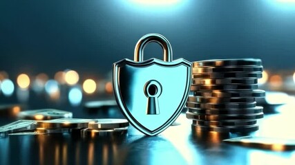 Fototapete - A metallic lock and shield are positioned prominently beside stacks of coins, symbolizing security in banking.