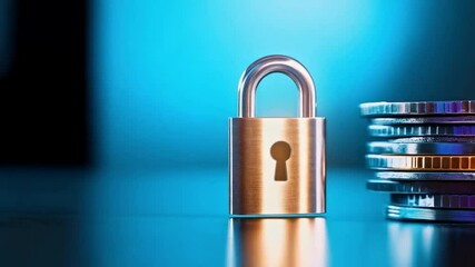 Fototapete - A metallic lock stands prominently in front of a stack of coins, symbolizing security in banking.