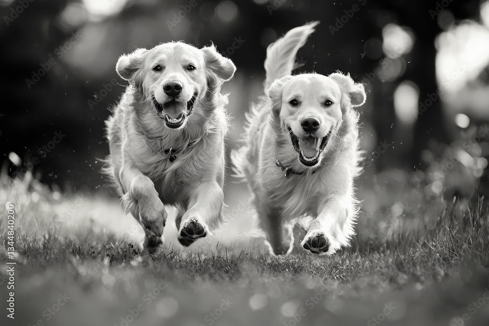 Two golden retrievers are running side by side in a grassy park. Both dogs appear happy and energetic, with their fur glistening under the sunlight.