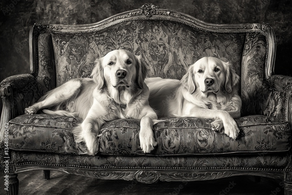 Two golden retrievers lie comfortably on a vintage couch, showcasing their relaxed demeanor. The elegant couch contrasts beautifully with their fur in a warm, inviting atmosphere.