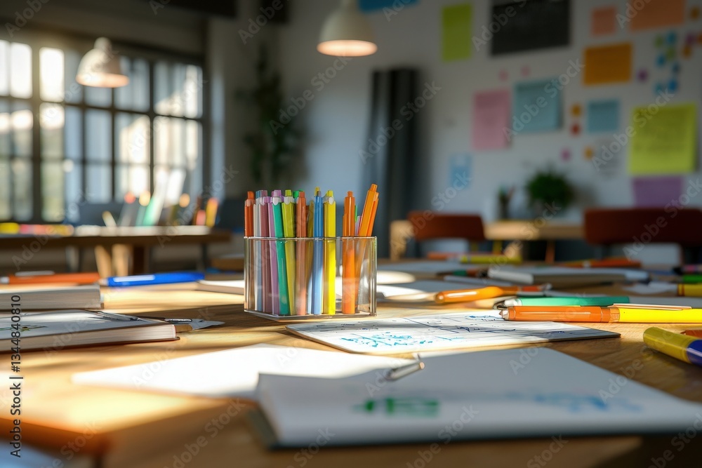 A bright and inviting workspace features a variety of colorful pens and pencils in a glass container.