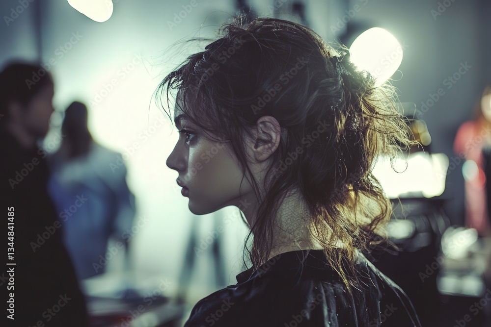 A young woman with tousled hair stands backstage at a fashion event. Soft light highlights her profile, while blurred figures and equipment create a dynamic atmosphere, emphasizing anticipation.