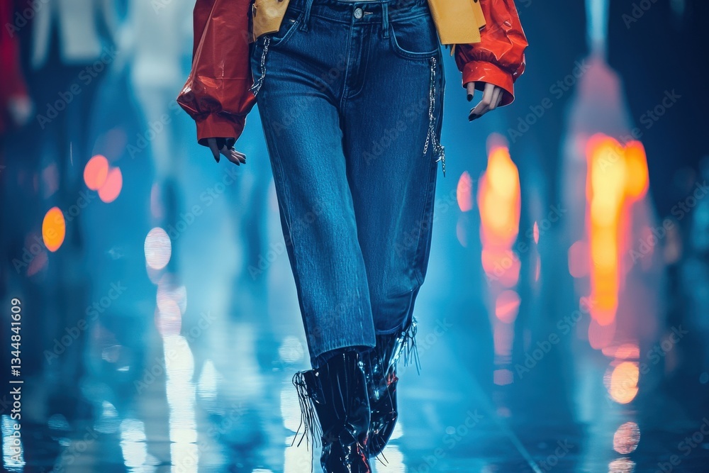 A model confidently strides down a runway, dressed in a bold outfit with a colorful jacket and stylish boots. The background features a neon-lit ambiance, enhancing the fashion show vibe.
