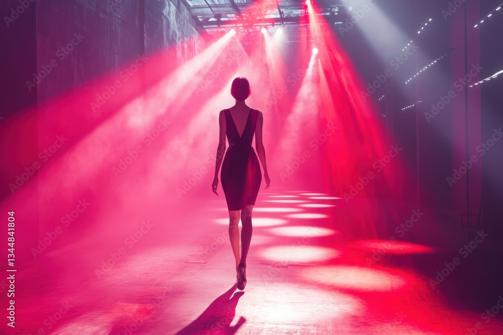 A model showcases a sleek black dress in a stylized environment illuminated by vibrant red lights. The atmosphere is enhanced by fog, creating a striking visual effect.