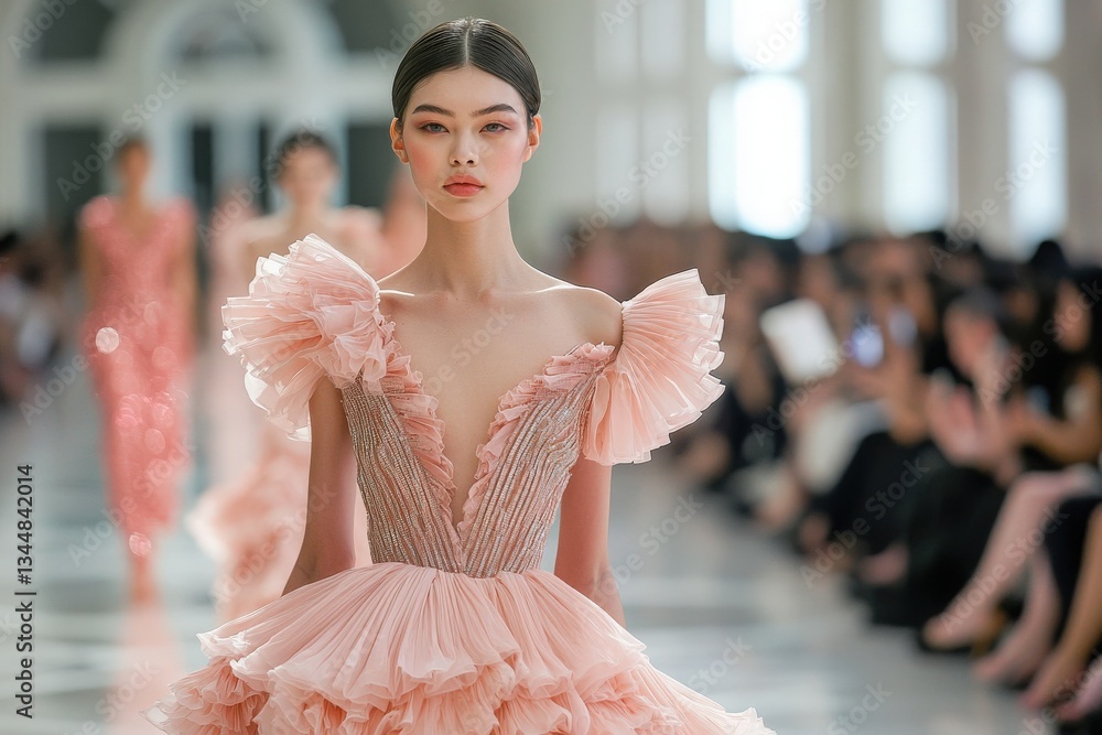 Models walk gracefully down the runway, wearing exquisite dresses with ruffles in soft pink shades. The atmosphere is festive, with an attentive audience admiring the creative designs.