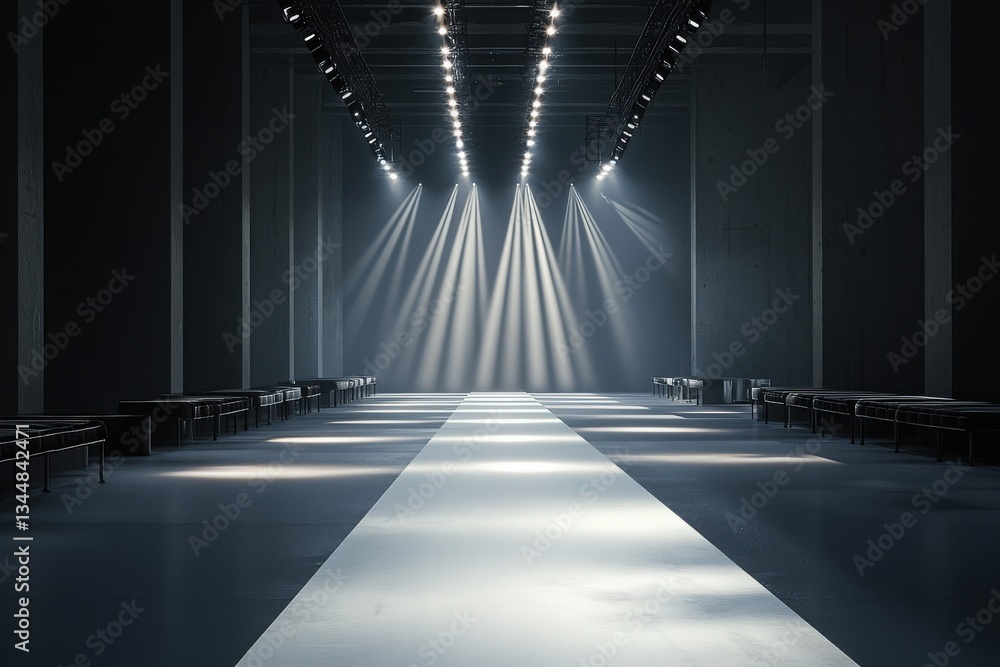 A spacious runway is centrally positioned, surrounded by sleek seating. Bright stage lights create striking beams, enhancing the modern, industrial atmosphere.