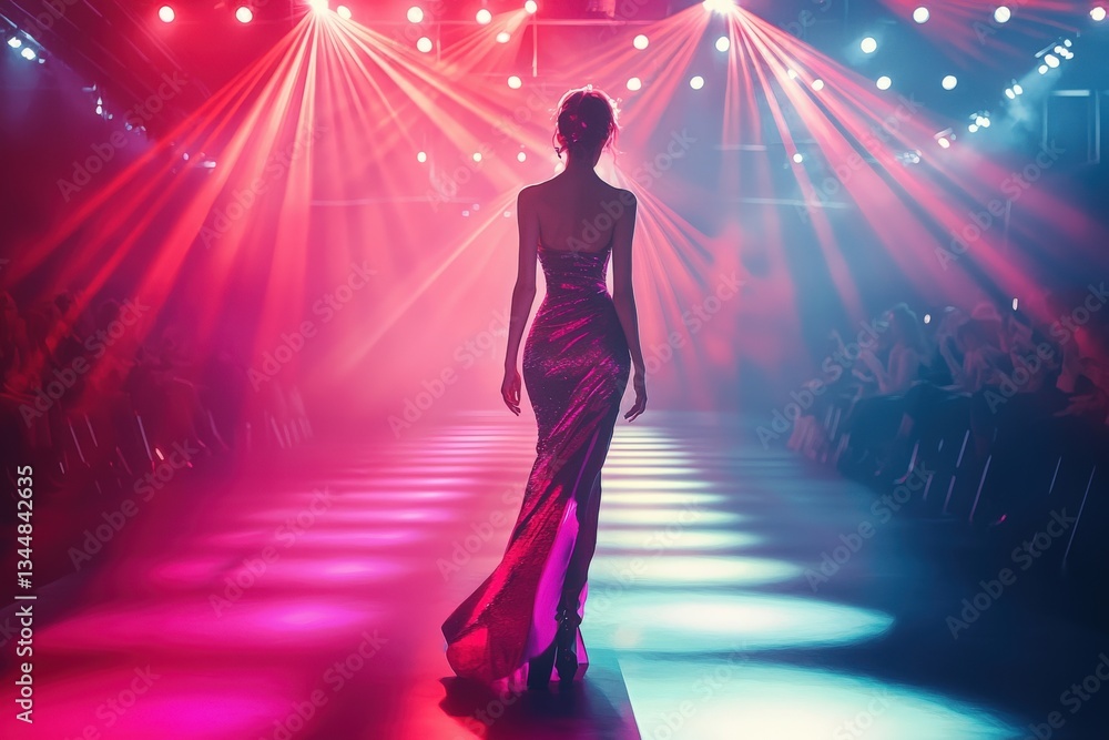 A model confidently strides along a brightly lit runway, showcasing a striking gown. Colorful lights and a vibrant atmosphere surround the audience as the event unfolds in the evening.