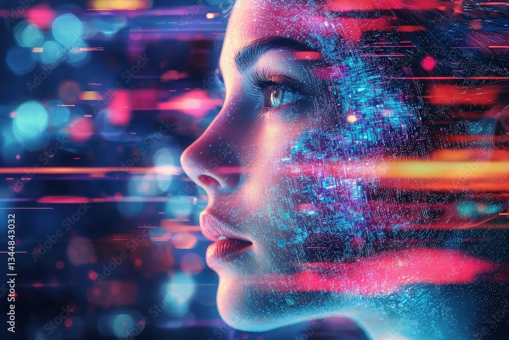 A womans profile is illuminated by colorful light patterns and abstract data streams. This dynamic representation merges elements of technology and human beauty, emphasizing a futuristic theme.