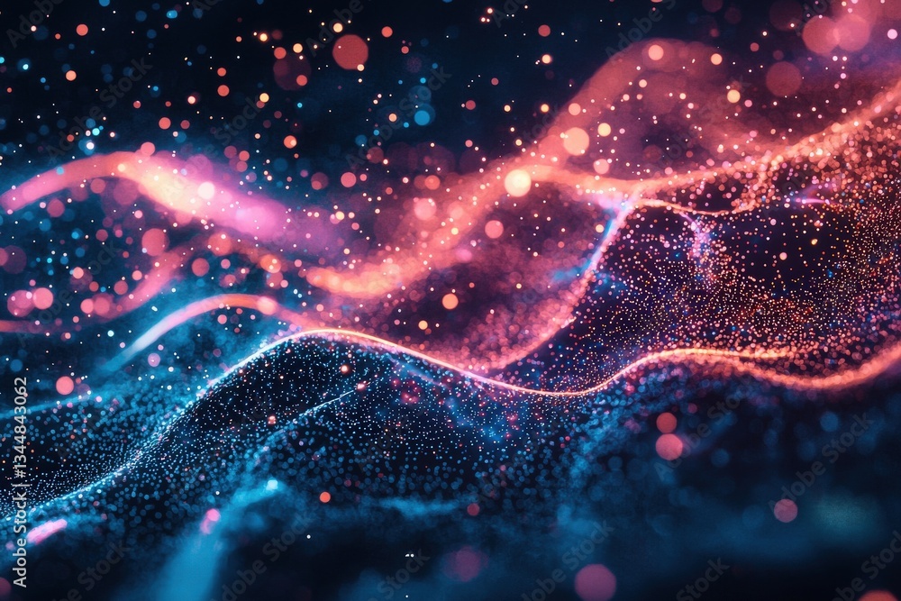 Dynamic waves of color flow across the surface, interspersed with glowing particles. The imagery captures an abstract concept of light movement, evoking a digital atmosphere.