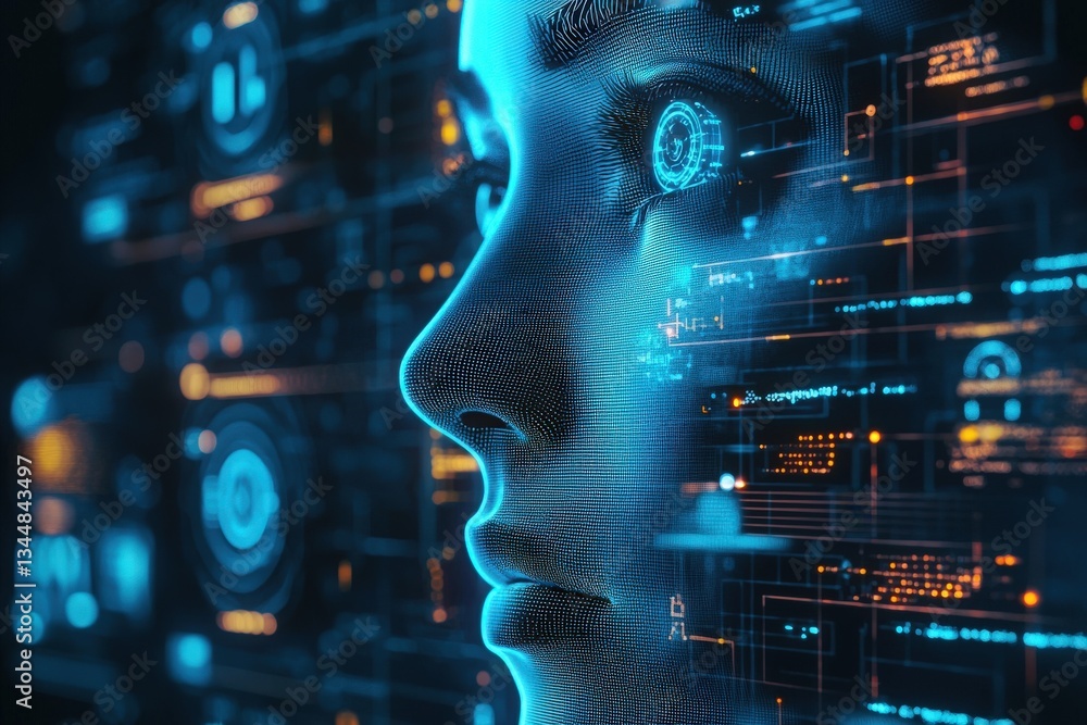 A humanoid face appears on a dark background, integrated with a complex digital interface.
