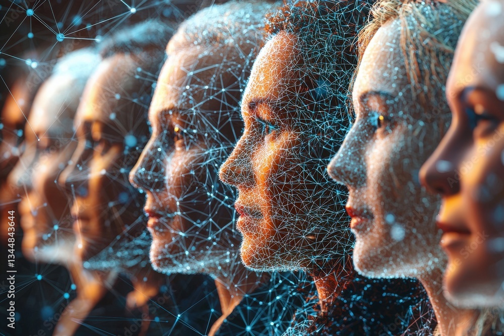 Multiple human profiles are portrayed in side view, overlaid with a network of connected lines and dots.