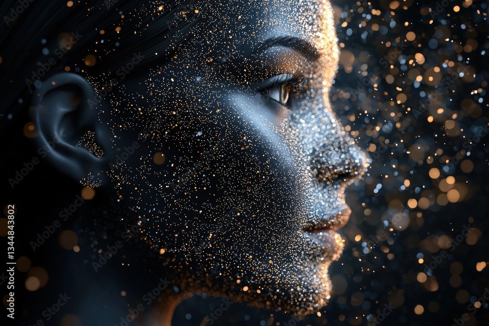 A womans profile is highlighted in soft lighting, showcasing her features covered with shimmering particles.