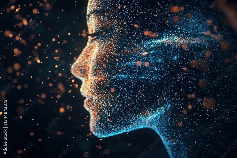 A detailed digital artwork depicts the profile of a woman, created with glowing particles and an intricate design.