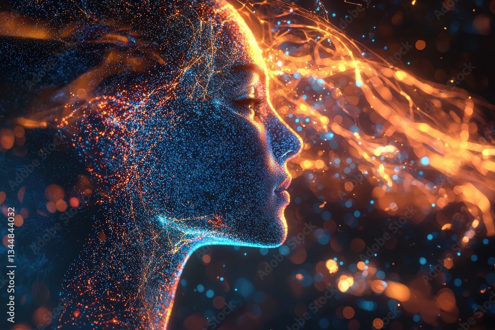 A captivating profile of a woman is portrayed, her silhouette highlighted by glowing particles and flowing colors. The dark background enhances the vibrant lights, creating an ethereal atmosphere.