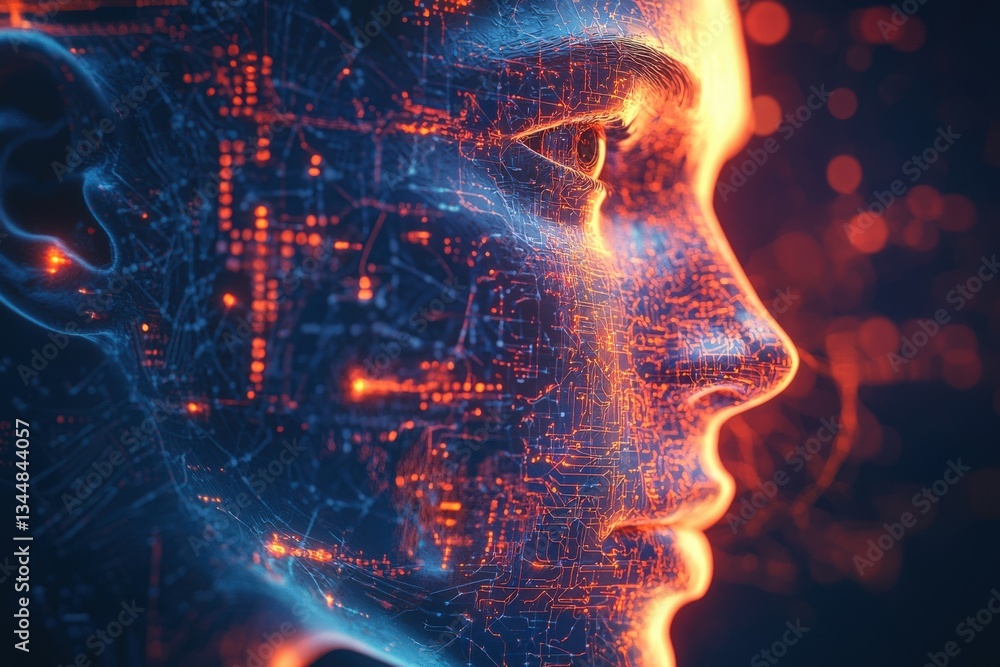 A human-like figures profile is illuminated by glowing circuits and lights, blending biology with technology.