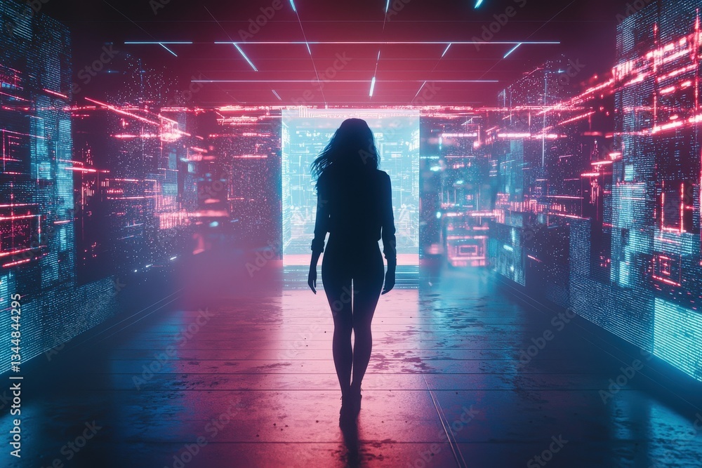 A figure walks confidently through a corridor filled with vibrant neon lights. The space is enhanced with digital patterns reflecting a futuristic atmosphere. Bright colors create a captivating scene.