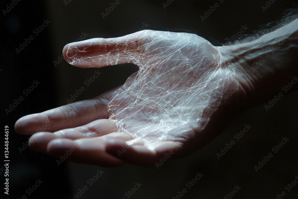 A hand extends outward, showcasing delicate, glowing threads that create intricate patterns against a dark background. The illumination contrasts with the shadowy surroundings, captivating the viewer.