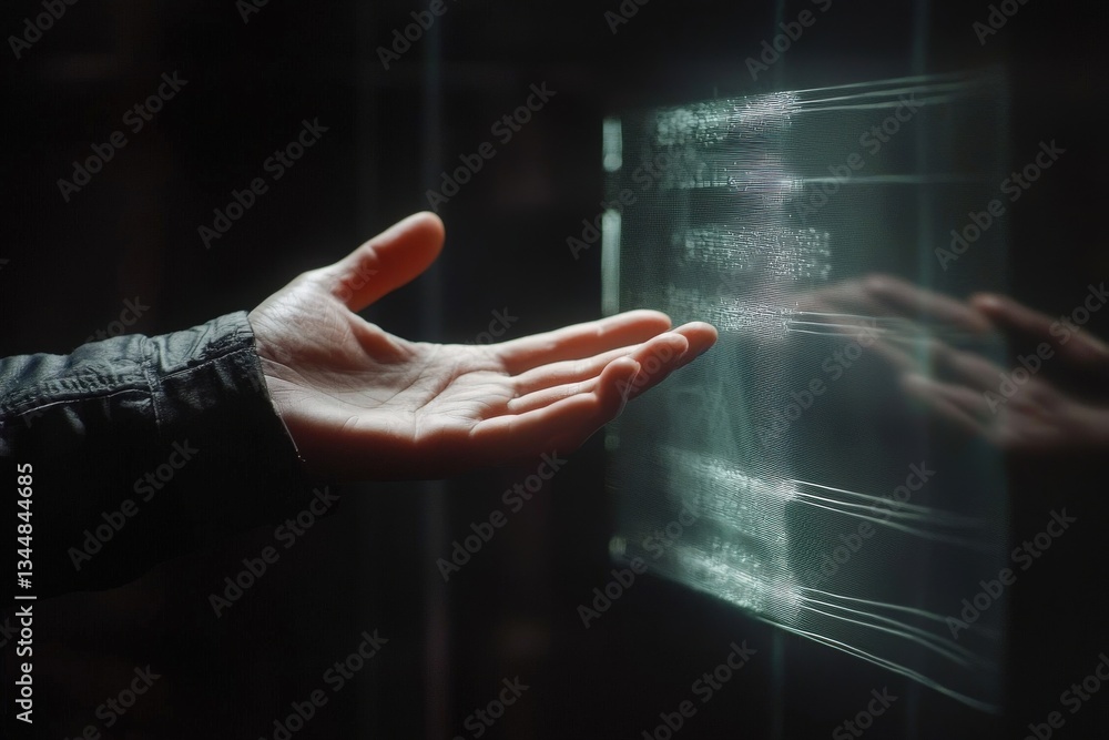 A hand reaches out towards a transparent display, highlighting the interaction between technology and user. The modern environment contrasts light and shadow as information is shown on the surface.